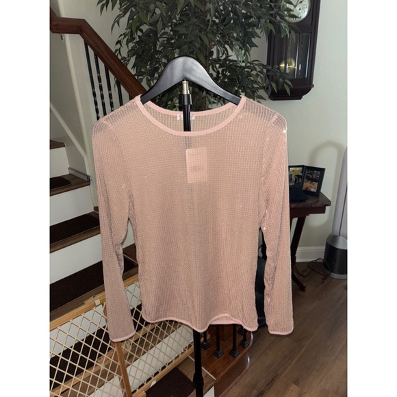 Free People Mink Sequin Knit Top Long Sleeve Sparkle Sheer Mesh Beige L - Picture 3 of 8